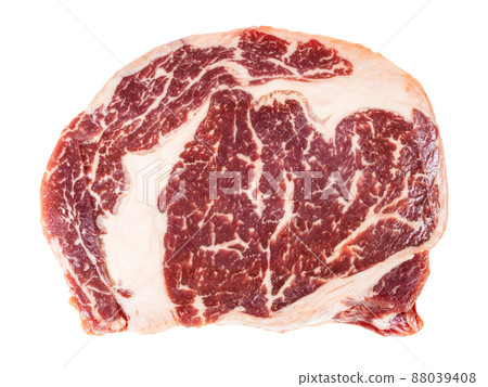 top view of uncooked ribeye beef steak isolated 88039408