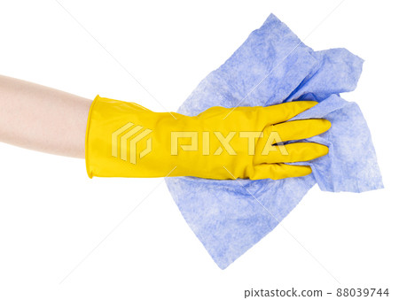 hand in yellow glove with crumpled blue rag cutout hand in yellow glove with crumpled blue rag cutout 88039744