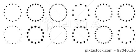 Stars of various sizes arranged in a circle. Round frame, border. Black star shape, simple symbol 88040130