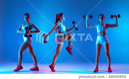 Collage with portraits of sportive young girl doing exercises with weights isolated on blue studio background in neon light. Sport, action, fitness, youth concept. 88040909