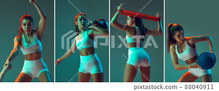Set of portraits of sportive woman doing exercises with sports equipment isolated on green studio background in neon light. Sport, action, fitness, youth concept. 88040911