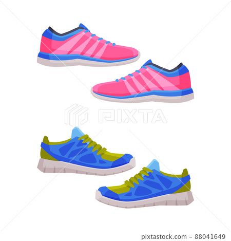 Athletic shoes set. Fitness and sports equipment set. vector illustration Athletic shoes set. Fitness and sports equipment set. vector illustration 88041649