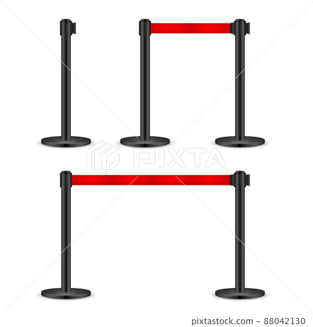Realistic vector retractable belt stanchion. Crowd control barrier posts with caution strap. Queue Realistic vector retractable belt stanchion. Crowd control barrier posts with caution strap. Queue 88042130
