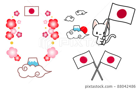 Japanese flag, national flag, Mt. Fuji, cherry blossom plum peach, white cat illustration material, celebration day Japanese flag, national flag, Mt. Fuji, cherry blossom plum peach, white cat illustration material, celebration day 88042486