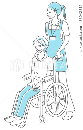Hand-painted illustrations of an elderly woman in a wheelchair and a female caregiver 88042813
