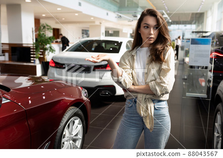 young woman chooses a new car in a car dealership young woman chooses a new car in a car dealership 88043567