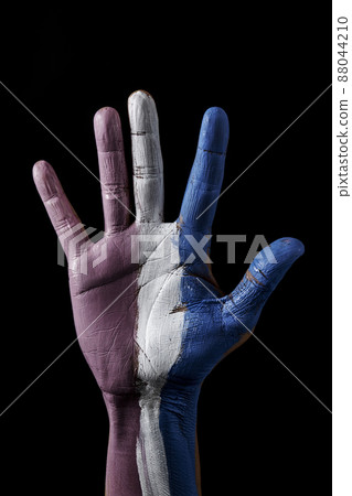 raised hand with the transgender pride flag 88044210