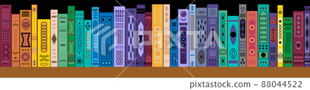 Wooden bookcase with colorful row of books. Bookshelves with multicolored books. Vector illustration in flat style. Horizontal banner Wooden bookcase with colorful row of books. Bookshelves with multicolored books. Vector illustration in flat style. Horizontal banner 88044522