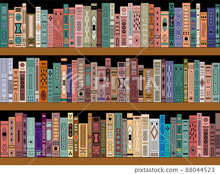 Wooden horizontal bookcase full of different colourful books. Seamless pattern. pattern for Education library and bookstore concept. Vector illustration. Wooden horizontal bookcase full of different colourful books. Seamless pattern. pattern for Education library and bookstore concept. Vector illustration. 88044523