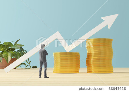 在積累的硬幣面前思考的商人/銷售改善、業務擴張、增長戰略的形象 88045618