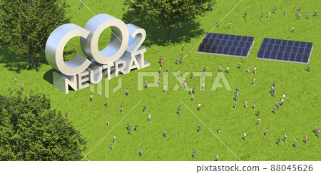 Symbols and crowds on the refreshing grassland / Image of decarbonized society, carbon neutrality, and renewable energy 88045626