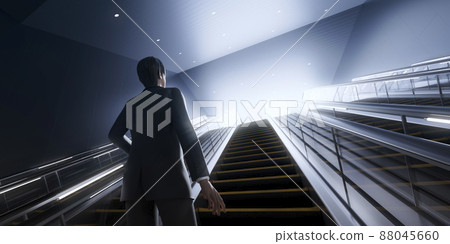 Young businessman looking up at the escalator / Image of career advancement, future challenges, and ambitious aspirations 88045660