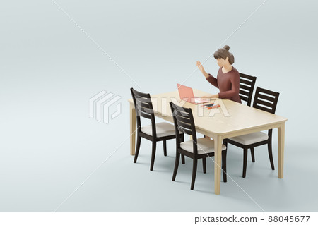 Women chatting video at the living table / Telework, online meetings, non-contact social image 88045677