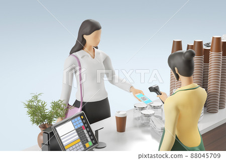 Image of a woman making a smartphone payment at a cafe and a cashier reading a barcode / QR code payment 88045709