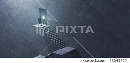A businessman fluttering in the glowing keyhole of a dim labyrinth / Given trials, clues to problem solving, personal authentication image 88045713