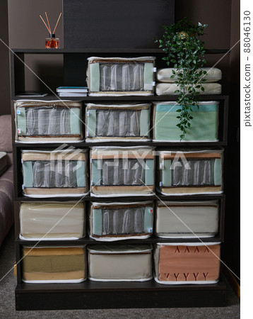 Samples of varieties of mattresses for a sleeping bed, on display for sale at an upholstered furniture exhibition center or showroom Samples of varieties of mattresses for a sleeping bed, on display for sale at an upholstered furniture exhibition center or showroom 88046130