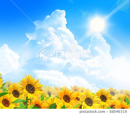 向日葵田的初夏框架背景材料,美麗的向日葵在陽光下綻放,在積雨雲的藍天中閃耀 向日葵田的初夏框架背景材料,美麗的向日葵在陽光下綻放,在積雨雲的藍天中閃耀 88046319
