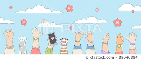 Plum sakura blossom celebration cartoon cute banner. Background illustration with people and animals hands, sakura flowers, landscape, sky and clouds. Vector. Plum sakura blossom celebration cartoon cute banner. Background illustration with people and animals hands, sakura flowers, landscape, sky and clouds. Vector. 88046884
