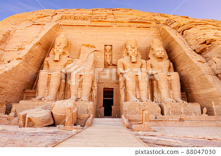 Statue of the pharaoh Rameses II at The Great Temple of Rameses II in Abu Simbel Village. 88047030