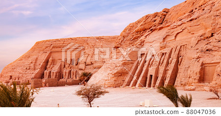 View of The Great Temple of Rameses II and The Small Temple of Nefertari in the village of Abu Simbel. View of The Great Temple of Rameses II and The Small Temple of Nefertari in the village of Abu Simbel. 88047036