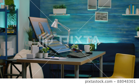 Empty photography studio with retouching software on computer. Nobody in media production workplace with equipment for editing pictures by professional photographer. Image retouch office 88048301