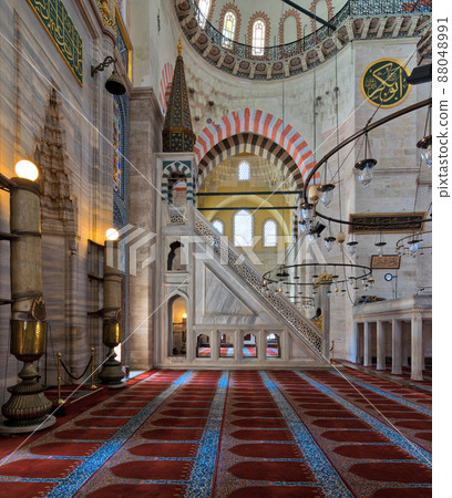 Marble ornate minbar (Platform) and niche, Suleymaniye Mosque, Istanbul, Turkey Marble ornate minbar (Platform) and niche, Suleymaniye Mosque, Istanbul, Turkey 88048991