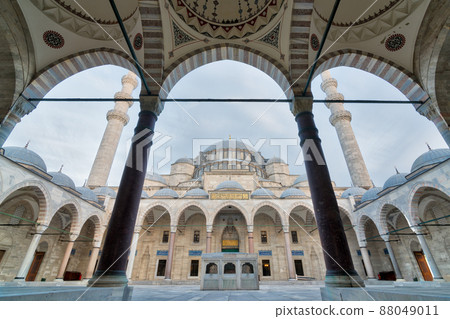 Exterior low angle day shot of Suleymaniye Mosque, an Ottoman imperial mosque located on the Third Hill of Istanbul, Turkey, and the second largest mosque in the city 88049011
