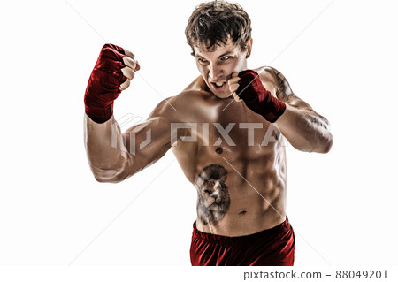 Portrait of aggressive boxer who training, practicing uppercut on white background. Red sportswear 88049201