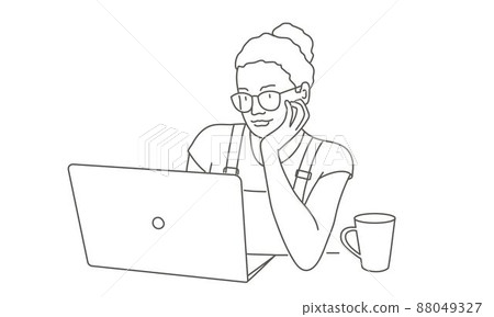 Woman in glasses looks at the data displayed on a laptop. Woman in glasses looks at the data displayed on a laptop. 88049327