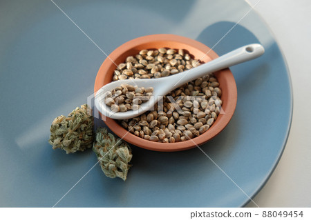 A bunch of cannabis seeds lie on a spoon and plate with several dried buds 88049454