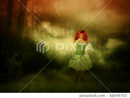 Redhead girl in foggy forest Redhead girl in foggy forest 88049783