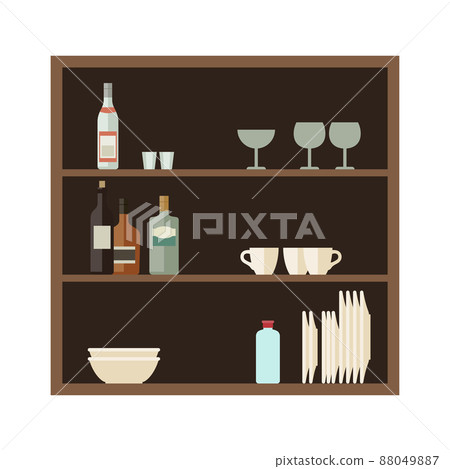 Plates, cups stand on shelves in the kitchen. 88049887