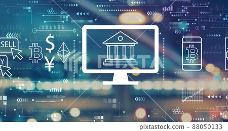 Cryptocurrency fintech theme with blurred city lights Cryptocurrency fintech theme with blurred city lights 88050133