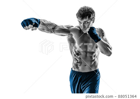 Portrait of boxer who practicing jab on white background. Black and white. Blue sportswear Portrait of boxer who practicing jab on white background. Black and white. Blue sportswear 88051364