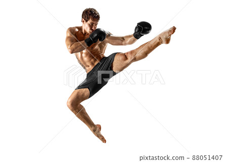 Full size of male boxer who perform muay thai martial arts on white background. Sport concept Full size of male boxer who perform muay thai martial arts on white background. Sport concept 88051407