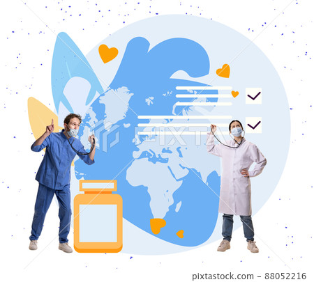 Contemporary art collage. Doctors listening to lungs with stethoscope, prescribing special medical treatment 88052216