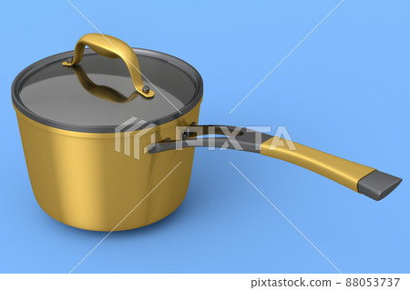 Stainless steel stewpot and chrome plated aluminum cookware on blue background Stainless steel stewpot and chrome plated aluminum cookware on blue background 88053737