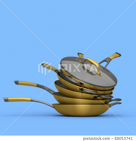 Stack of frying pan with glass lid on blue, non-stick kitchen utensils 88053741