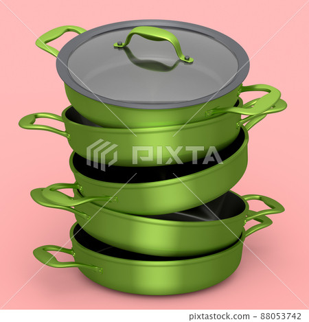 Set of stainless steel stewpot and chrome plated cookware on pink background 88053742