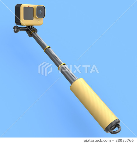 Photo and video lightweight yellow action camera with selfie stick on blue 88053766