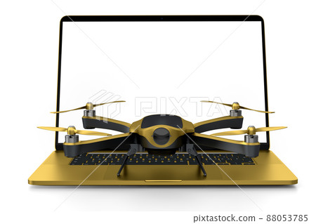 Top view of workspace and photography gear like laptop and drone on white 88053785