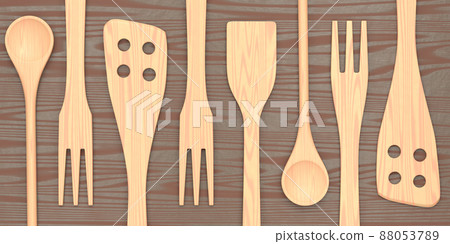 Wooden kitchen utensils, tools and equipment on wooden background. 88053789