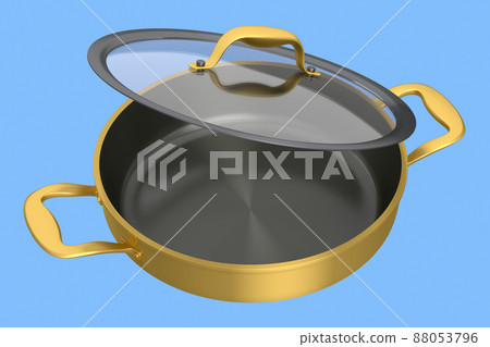 Stainless steel stewpot and chrome plated aluminum cookware on blue background 88053796