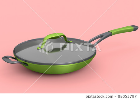 Frying pan with glass lid on pink background, non-stick kitchen utensils Frying pan with glass lid on pink background, non-stick kitchen utensils 88053797