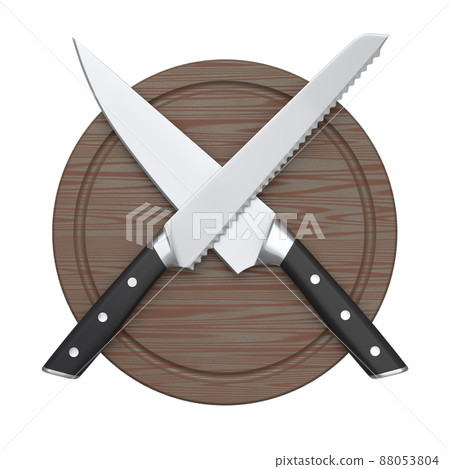 Chef's kitchen knives on a wooden board isolated on white background. Chef's kitchen knives on a wooden board isolated on white background. 88053804