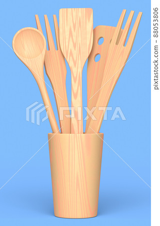 Wooden kitchen utensils, tools and equipment in holder on blue background. 88053806