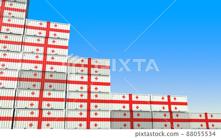 Flag of Georgia on containers forming declining trend of graph. National crisis or meltdown related conceptual 3D rendering Flag of Georgia on containers forming declining trend of graph. National crisis or meltdown related conceptual 3D rendering 88055534