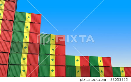 Flag of Senegal on containers forming declining trend of graph. National crisis or meltdown related conceptual 3D rendering Flag of Senegal on containers forming declining trend of graph. National crisis or meltdown related conceptual 3D rendering 88055535