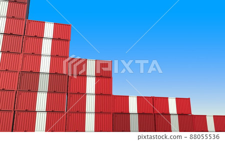 Flag of Peru on containers forming declining trend of graph. National crisis or meltdown related conceptual 3D rendering Flag of Peru on containers forming declining trend of graph. National crisis or meltdown related conceptual 3D rendering 88055536