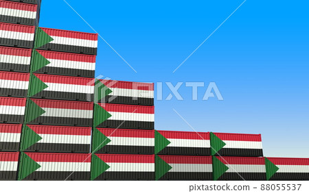 Many containers with flag of Sudan represent decreasing trend. Economic or industrial crisis concept. 3D rendering Many containers with flag of Sudan represent decreasing trend. Economic or industrial crisis concept. 3D rendering 88055537